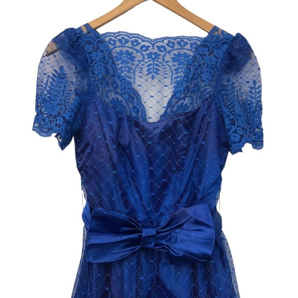 Vintage 70s Blue Lace Overlay Formal Fit and Flare Full Length Dress - Picture 2 of 8